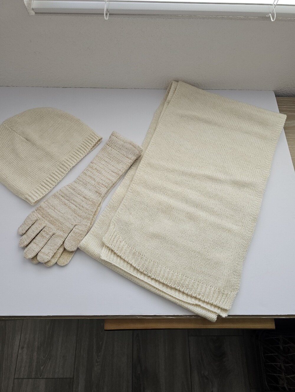Cream Gold Knit Scarf, Hat, and Gloves Set